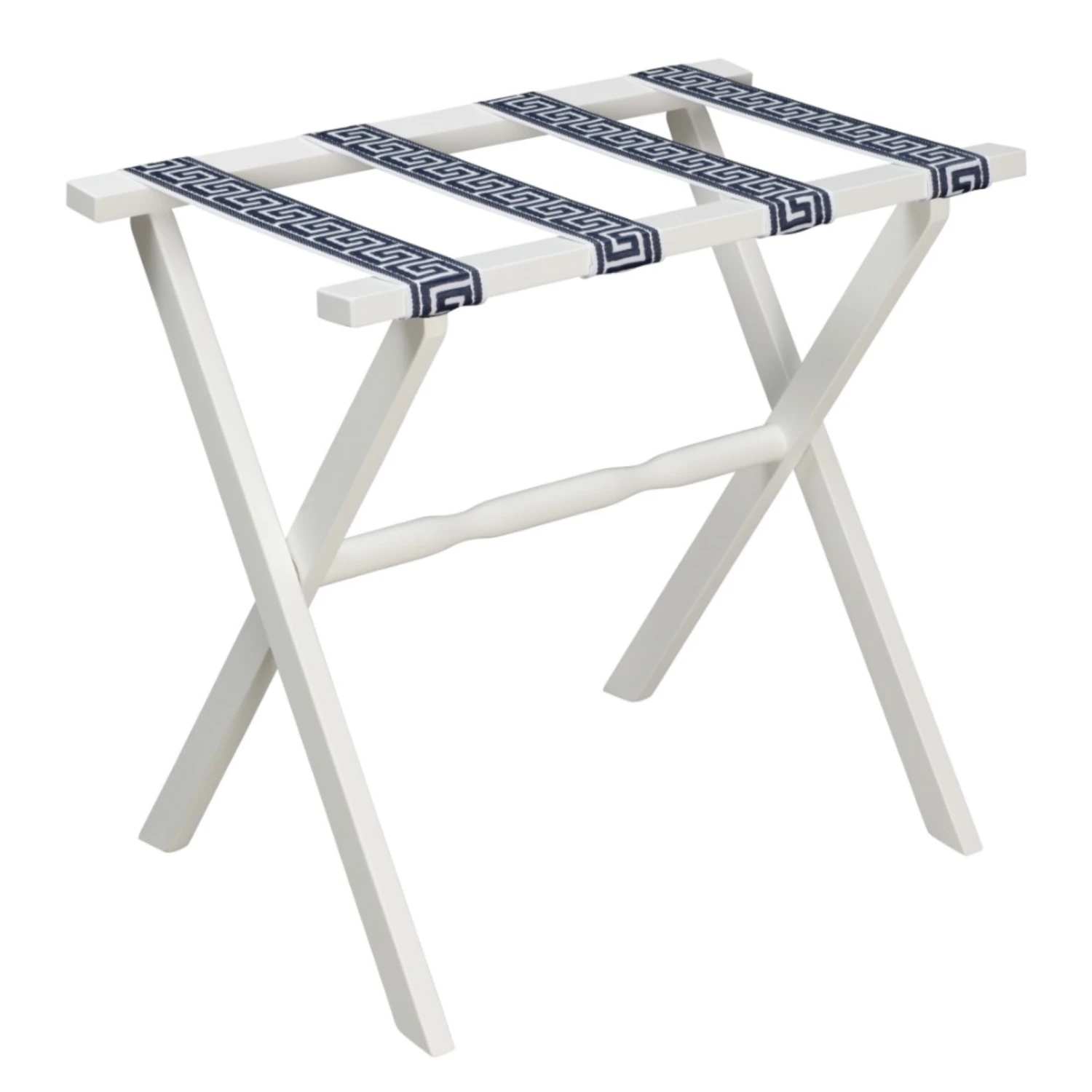 White Straight Leg Wood Luggage Rack With 4 White & Sky Blue Greek Key Straps 2 White Straight Leg Wood Luggage Rack With 4 White & Sky Blue Greek Key Straps - Image 2