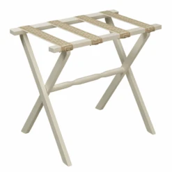 Ivory Straight Leg Wood Luggage Rack With 4 Cream & Tan Greek Key Straps