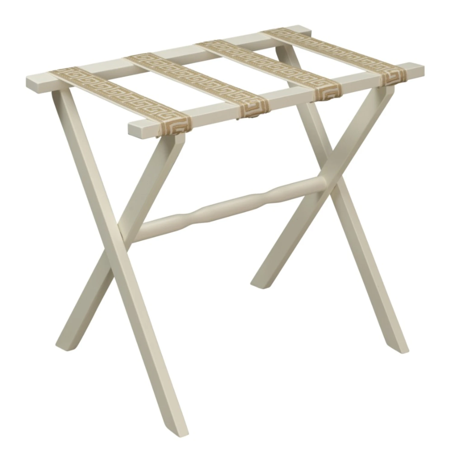Ivory Straight Leg Wood Luggage Rack With 4 Cream & Tan Greek Key Straps 1 Ivory Straight Leg Wood Luggage Rack With 4 Cream & Tan Greek Key Straps