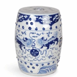 18" Porcelain Blue & White Foo Dog Garden Seat