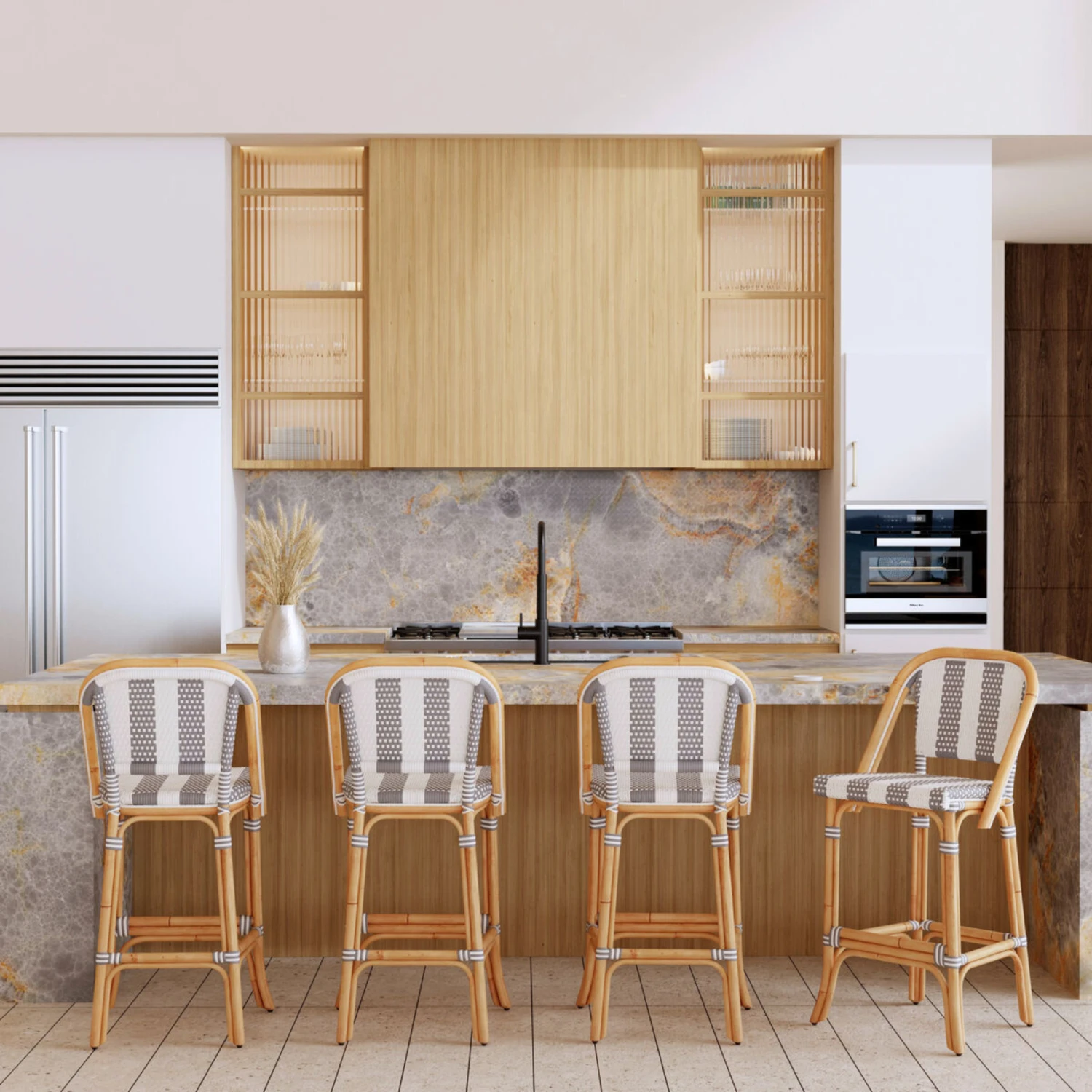 Lila Rattan Gray & White Striped Bar Stool 2 Lila Rattan Gray & White Striped Bar Stool - Image 2