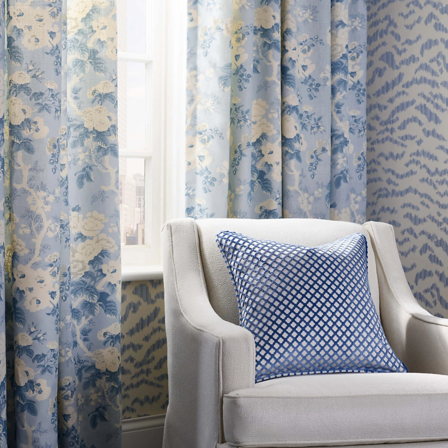 Ascot Linen Print Floral Fabric In Sky Blue & White 2 Ascot Linen Print Floral Fabric In Sky Blue & White - Image 2