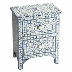 Blue Bone Inlay Two Drawer Side Table With Floral Pulls