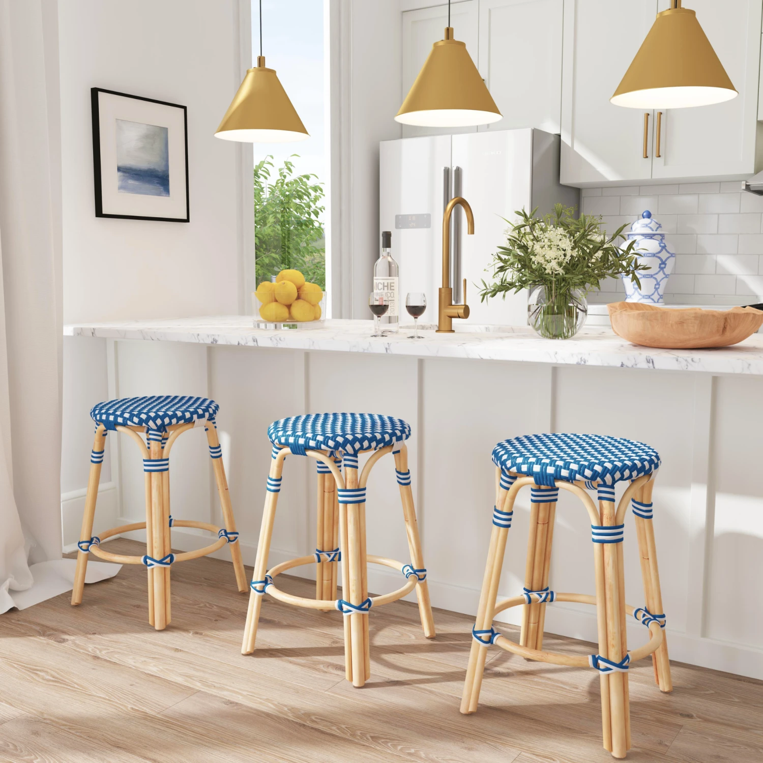 Blue And White Rattan Frame Counter Stool 2 Blue And White Rattan Frame Counter Stool - Image 2