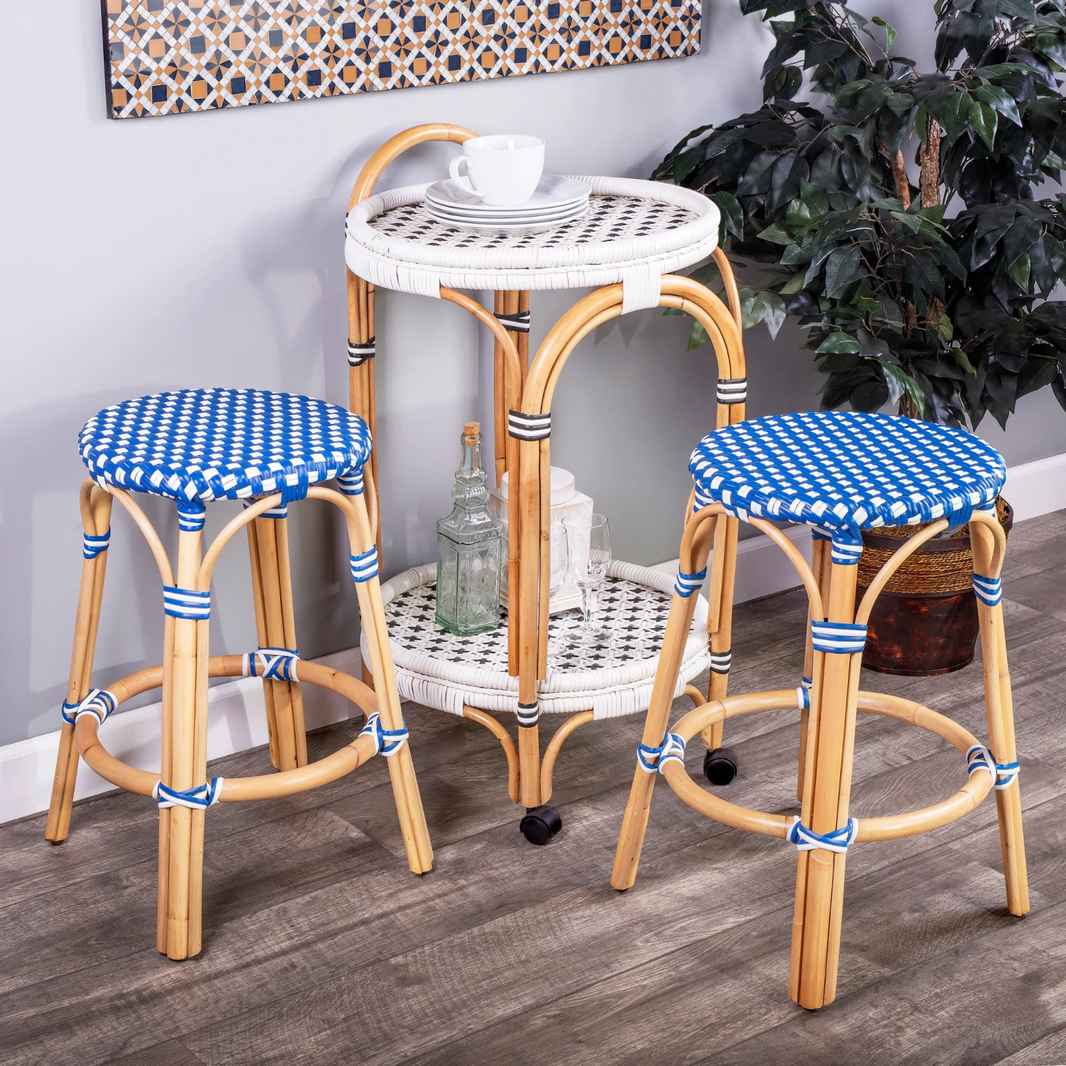 Blue And White Rattan Frame Counter Stool 3 Blue And White Rattan Frame Counter Stool - Image 3
