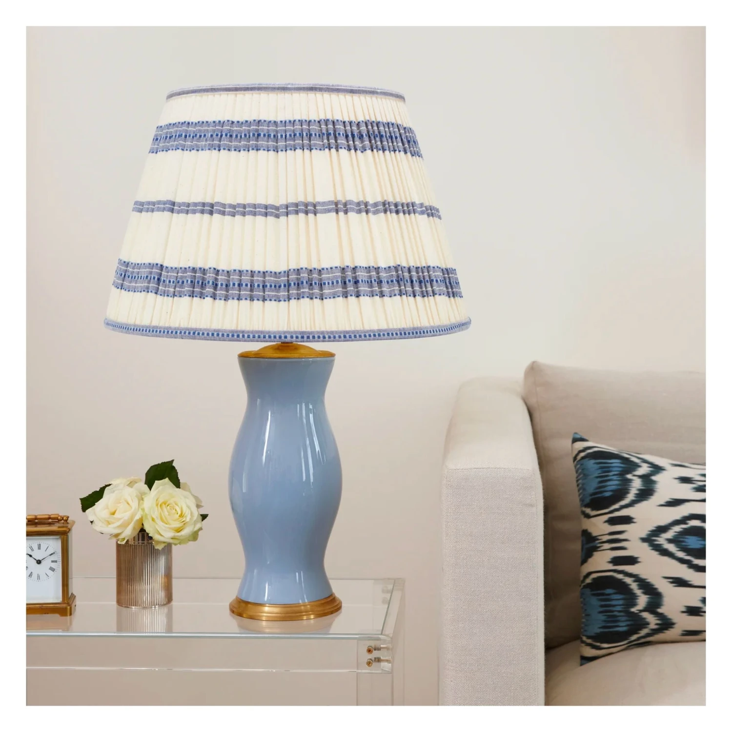 Embroidered Blue Stripe Pleated Lamp Shade - Available In Multiple Sizes 2 Embroidered Blue Stripe Pleated Lamp Shade - Available In Multiple Sizes - Image 2