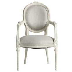 French Style Hand-Carved Arm Chair With Grey Linen Upholstery
