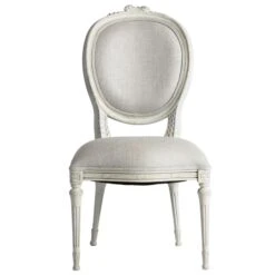 French Style Hand-Carved Side Chairs With Grey Linen Upholstery