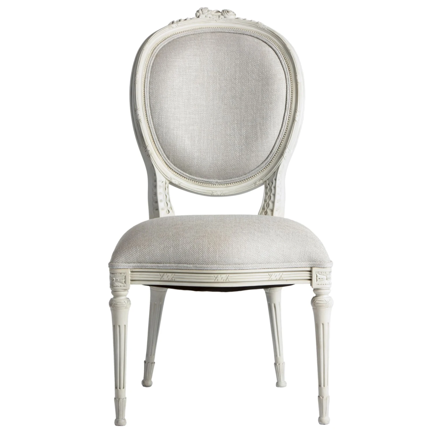 French Style Hand-Carved Side Chairs With Grey Linen Upholstery 1 French Style Hand-Carved Side Chairs With Grey Linen Upholstery