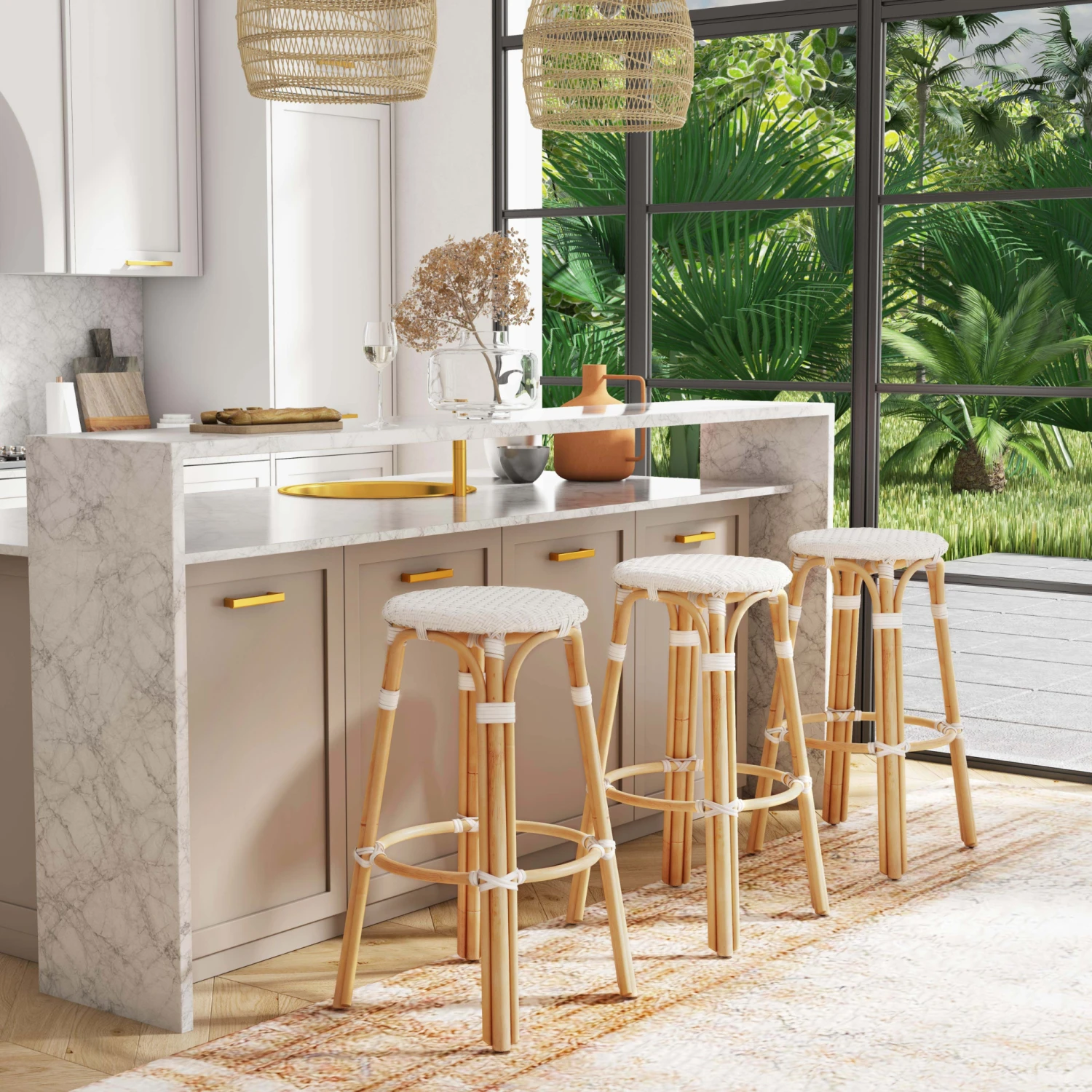 Glossy White Woven Rattan Frame Bar Stool 2 Glossy White Woven Rattan Frame Bar Stool - Image 2