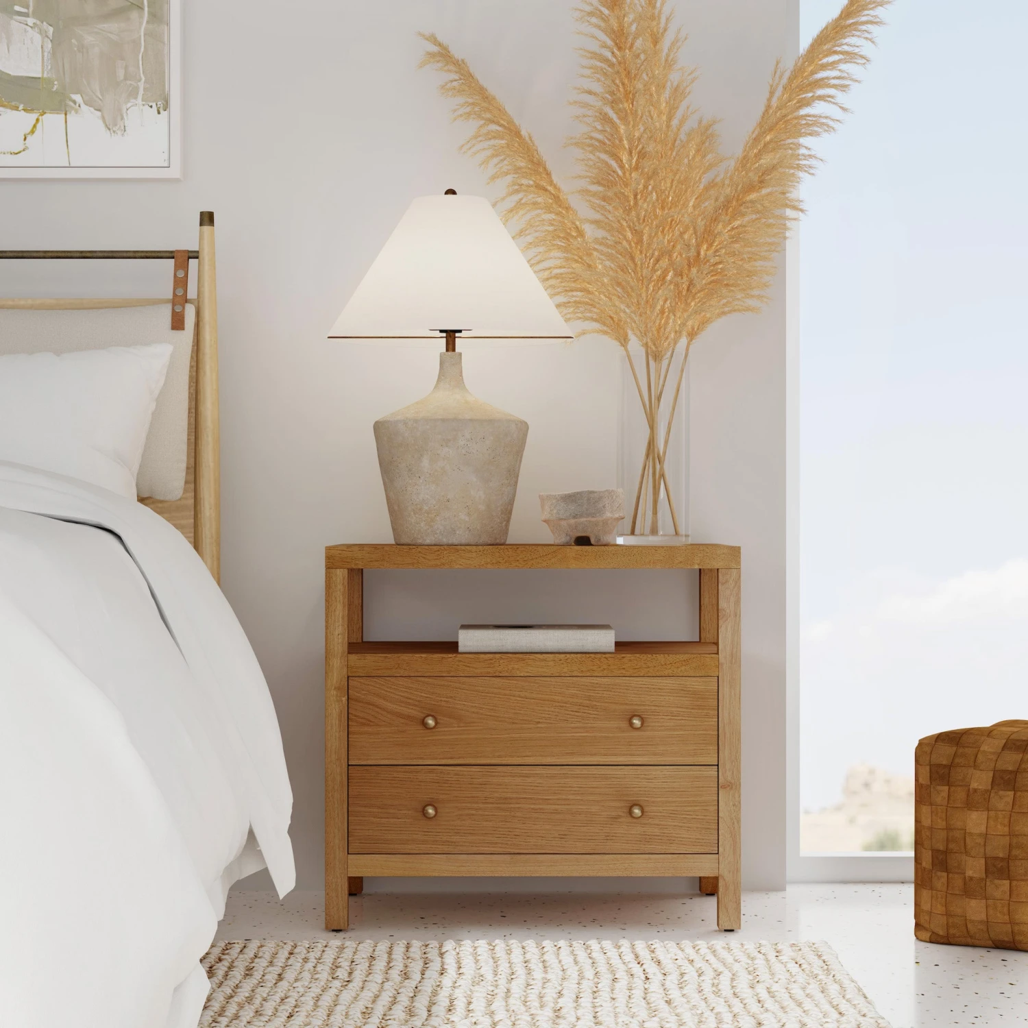 Light Natural Finish Two Drawer Wide Nightstand 2 Light Natural Finish Two Drawer Wide Nightstand - Image 2