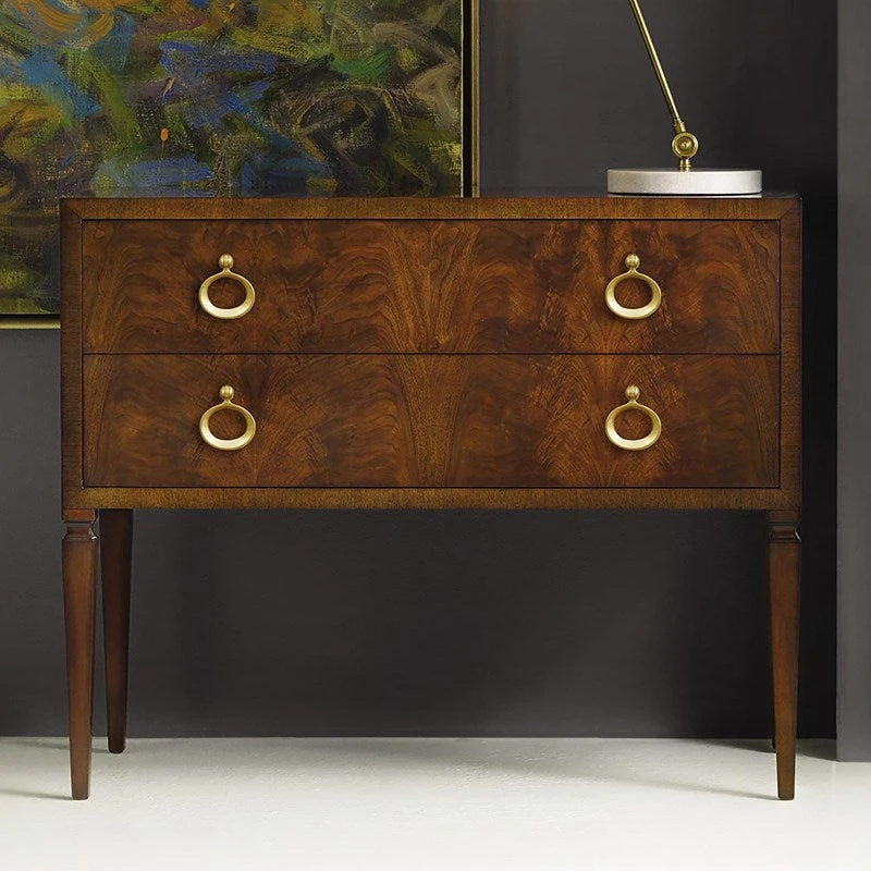 Modern History Two Drawer Feathered Walnut Veneer Avignon Commode With Solid Brass Hardware 1 Modern History Two Drawer Feathered Walnut Veneer Avignon Commode With Solid Brass Hardware