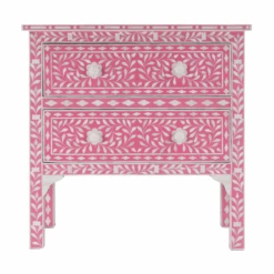 Pink & White Bone Inlay Two Drawer Side Table With Floral Pulls