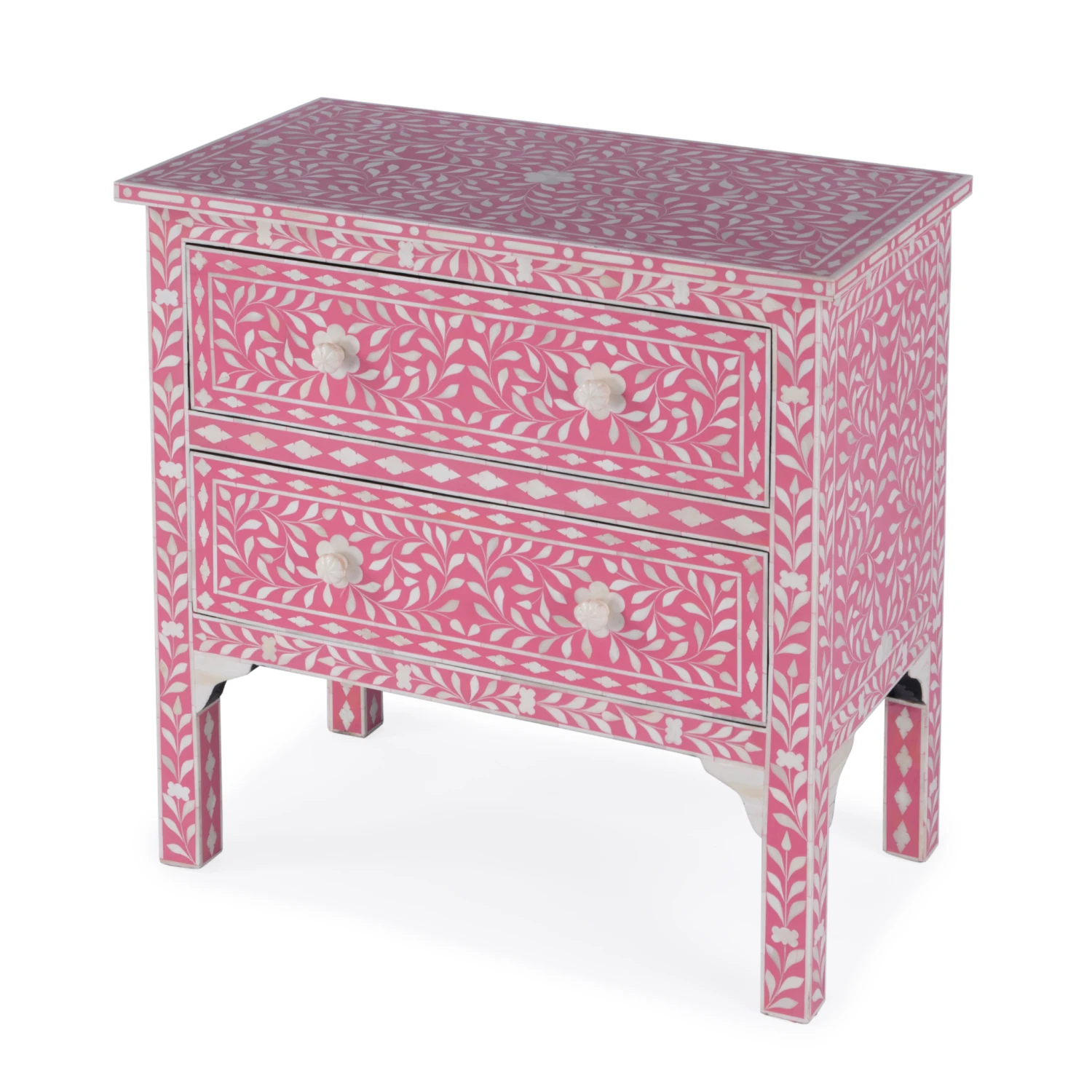 Pink & White Bone Inlay Two Drawer Side Table With Floral Pulls 2 Pink & White Bone Inlay Two Drawer Side Table With Floral Pulls - Image 2