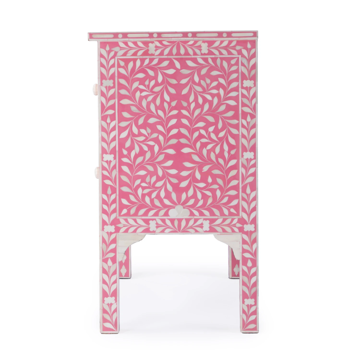 Pink & White Bone Inlay Two Drawer Side Table With Floral Pulls 3 Pink & White Bone Inlay Two Drawer Side Table With Floral Pulls - Image 3