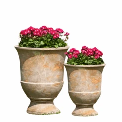 Set Of Two Lipari Urn Planters In Antico Terra Cotta