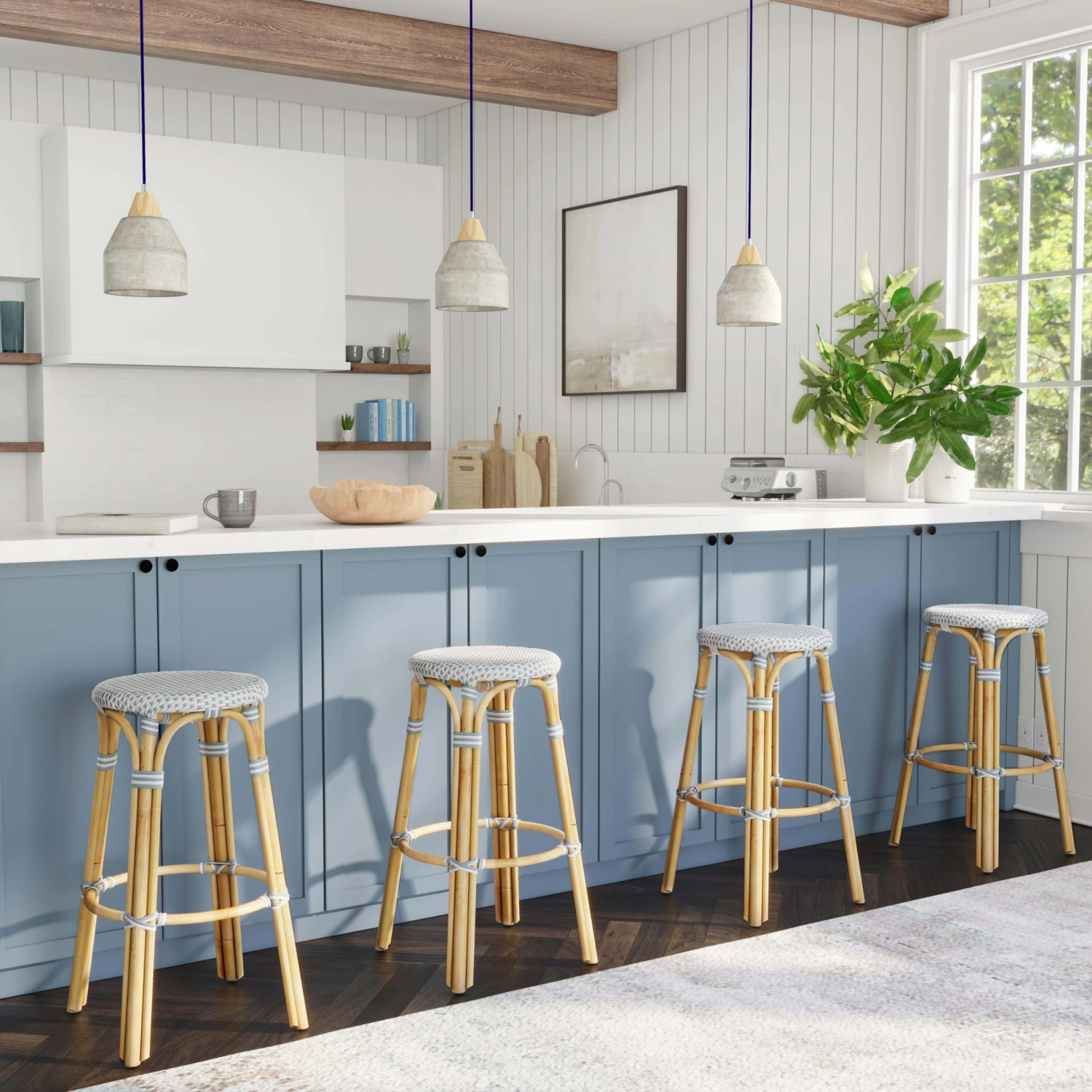 White And Sky Blue Rattan Frame Bar Stool 2 White And Sky Blue Rattan Frame Bar Stool - Image 2