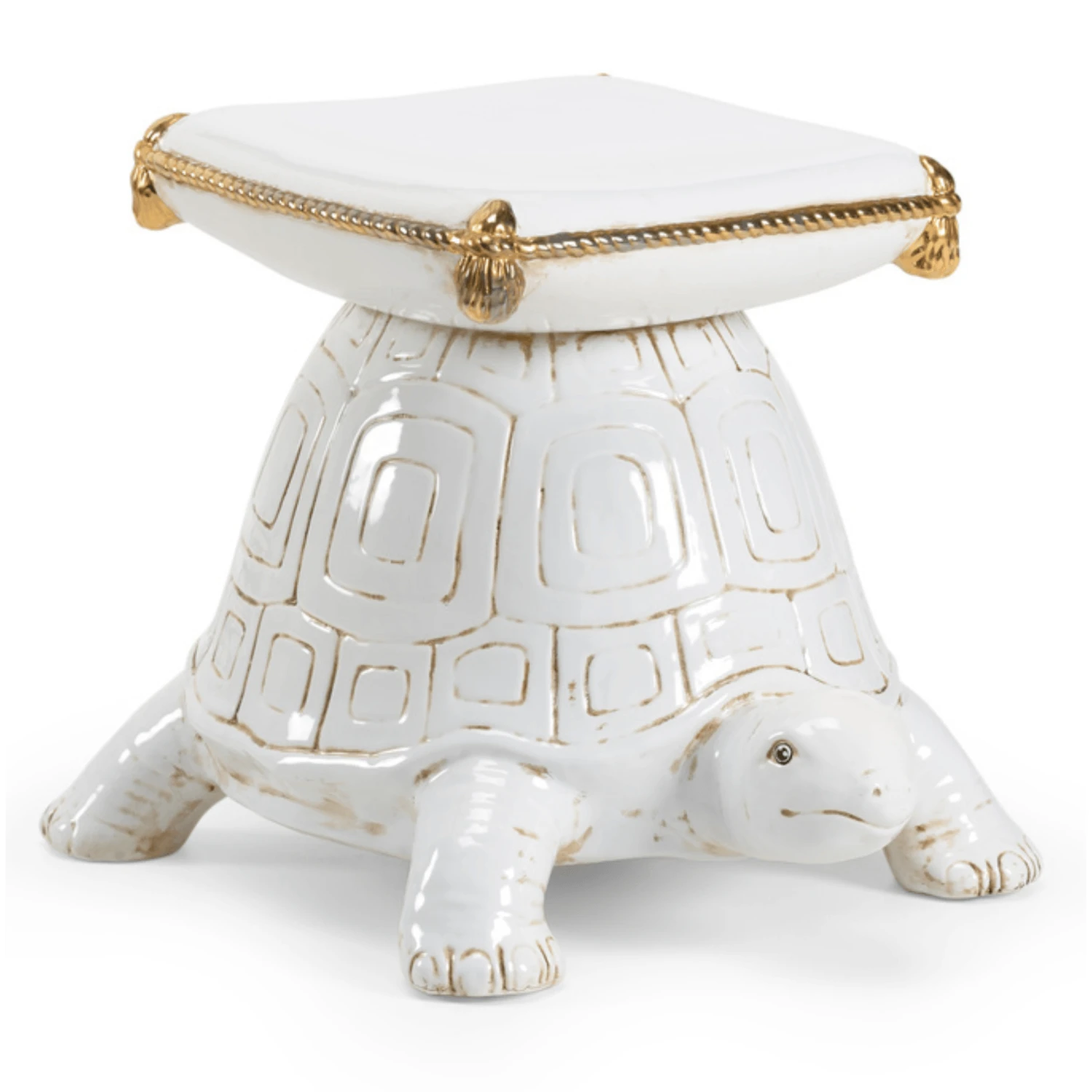 Antique White Glazed Ceramic Turtle Garden Seat With Gold Details 1 Antique White Glazed Ceramic Turtle Garden Seat With Gold Details