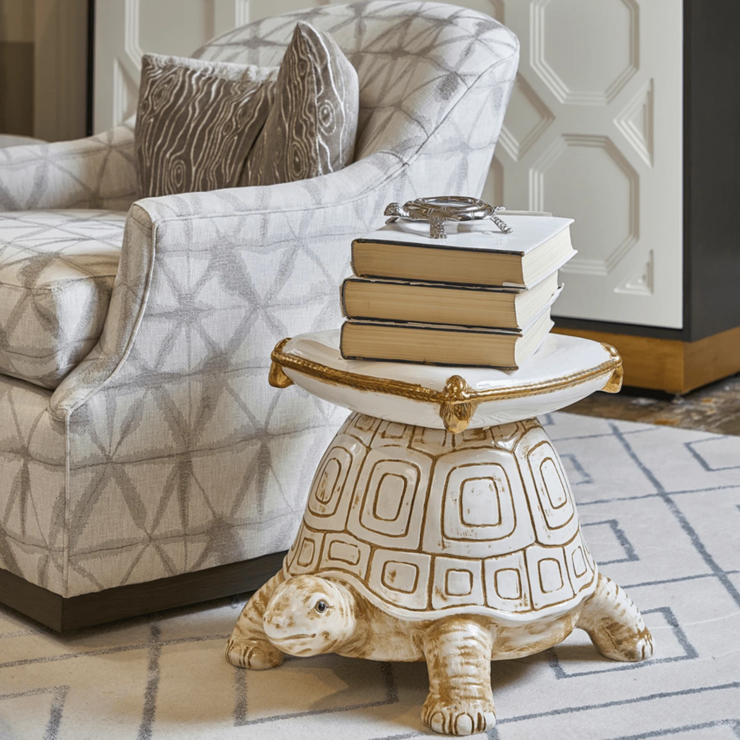 Antique White Glazed Ceramic Turtle Garden Seat With Gold Details 2 Antique White Glazed Ceramic Turtle Garden Seat With Gold Details - Image 2