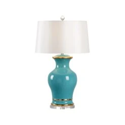 Audrey Table Lamp In Alexandrite With Gold Detailing And Off White Silk Shade