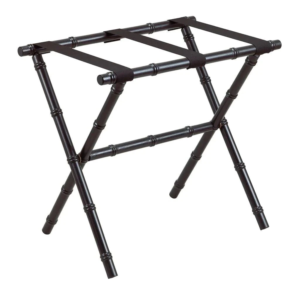 Black Bamboo Inspired Wood Luggage Rack With 3 Fine Black Nylon Straps 1 Black Bamboo Inspired Wood Luggage Rack With 3 Fine Black Nylon Straps