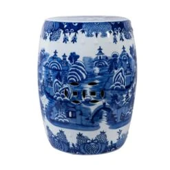 Blue And White Mountain Pagoda Porcelain Garden Stool