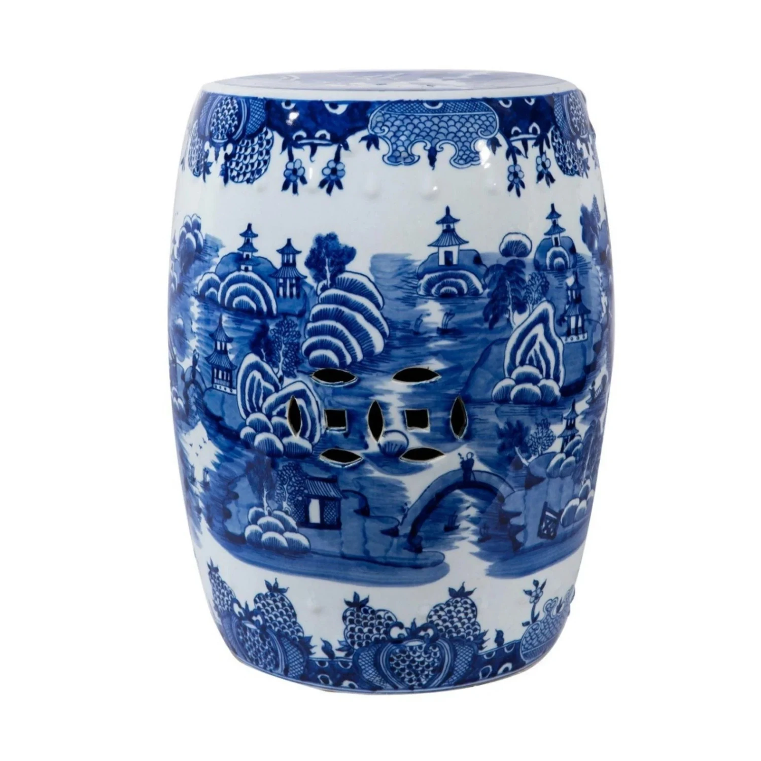 Blue And White Mountain Pagoda Porcelain Garden Stool 1 Blue And White Mountain Pagoda Porcelain Garden Stool