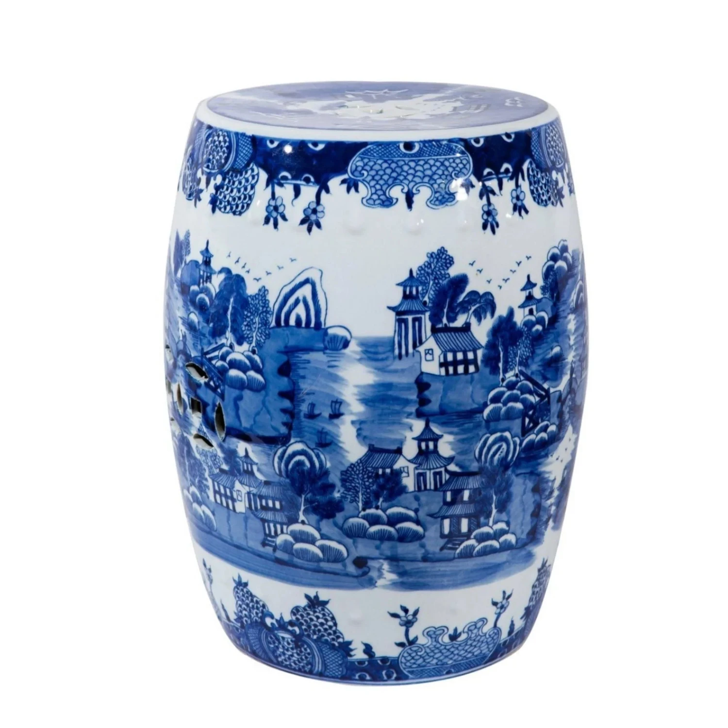 Blue And White Mountain Pagoda Porcelain Garden Stool 2 Blue And White Mountain Pagoda Porcelain Garden Stool - Image 2