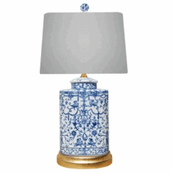 Blue & White Porcelain Euro Oval Urn Lamp With Gold Leaf Base