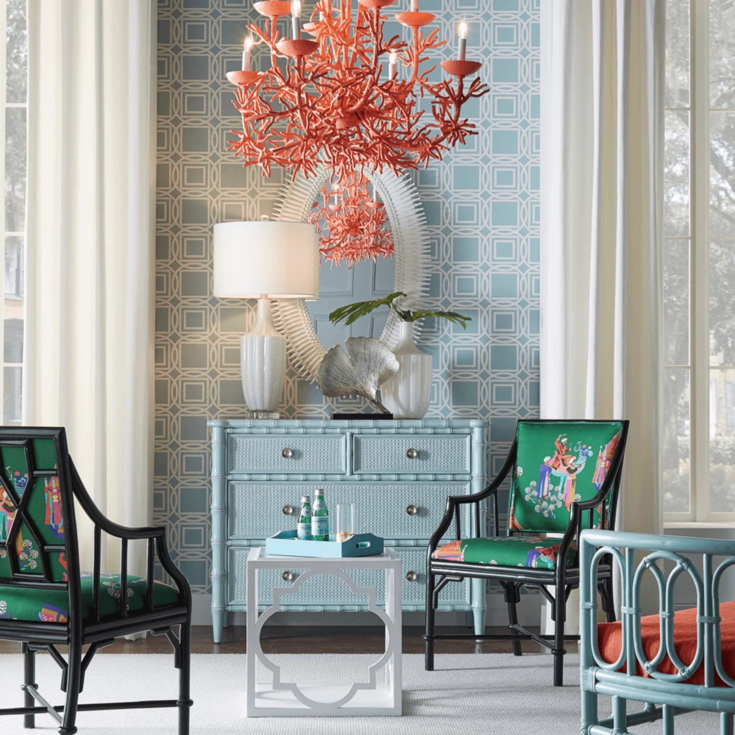 Blue Bamboo Four Drawer Chest With Woven Caning 2 Blue Bamboo Four Drawer Chest With Woven Caning - Image 2