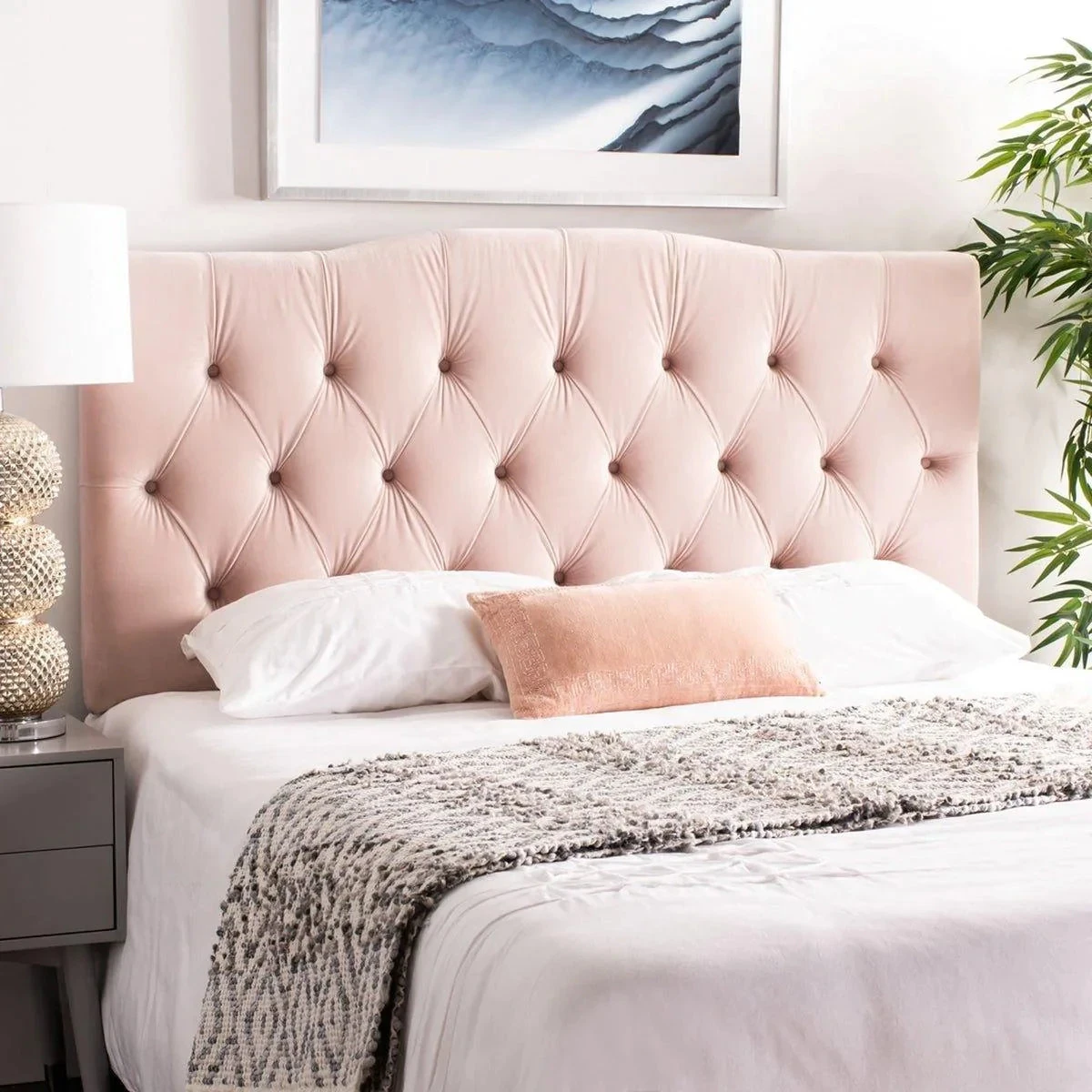 Safavieh Blush Pink Full Size Linen Tufted Headboard 2 Safavieh Blush Pink Full Size Linen Tufted Headboard - Image 2