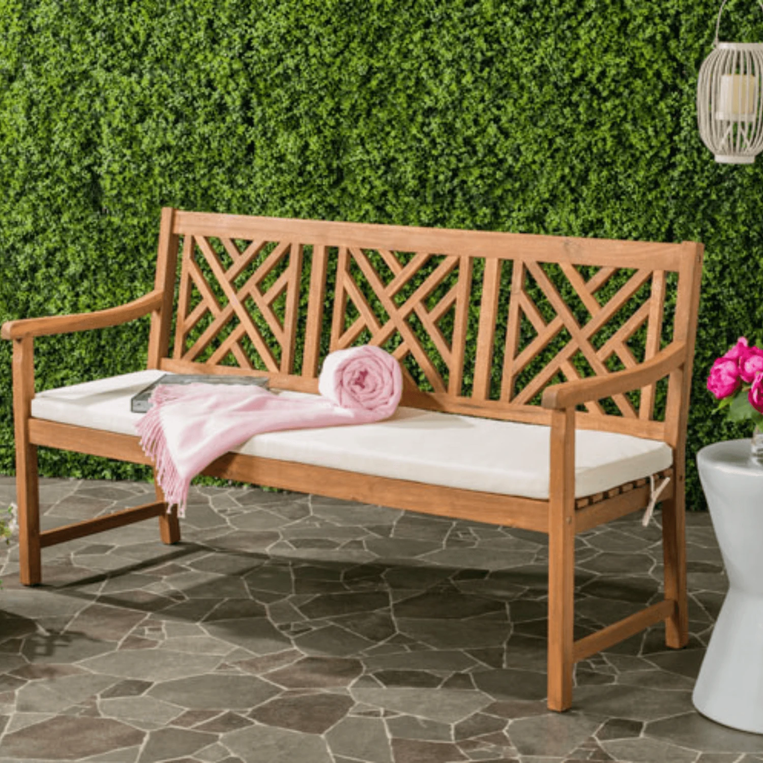 Safavieh Classic Geometric Trellis Style Bradford 3 Seat Bench In Teak Brown Finish 2 Safavieh Classic Geometric Trellis Style Bradford 3 Seat Bench In Teak Brown Finish - Image 2