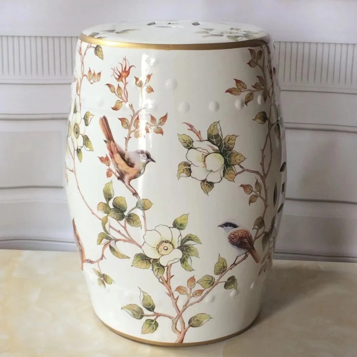 Cream Porcelain Garden Stool With Flowers And Birds 3 Cream Porcelain Garden Stool With Flowers And Birds - Image 3