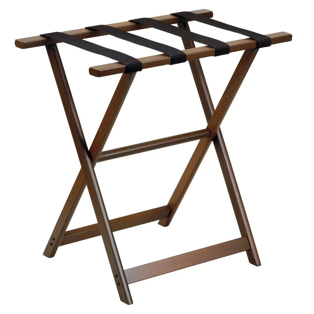 Dark Walnut Tall Wood Luggage Rack With 4 Black Nylon Straps 1 Dark Walnut Tall Wood Luggage Rack With 4 Black Nylon Straps