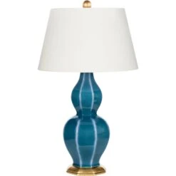 Geometric Teal Ceramic Table Lamp With Hexagonal Body And Gold Base
