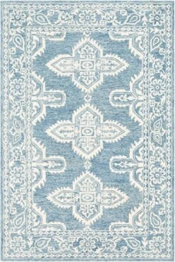 Granada Pale Blue Hand Tufted Floral Design Wool Rug, Available In A Variety Of Sizes