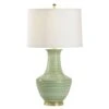 Green And White Classic Textured Ceramic Table Lamp With Polished Brass Accents And Silk Shade