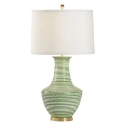 Green And White Classic Textured Ceramic Table Lamp With Polished Brass Accents And Silk Shade