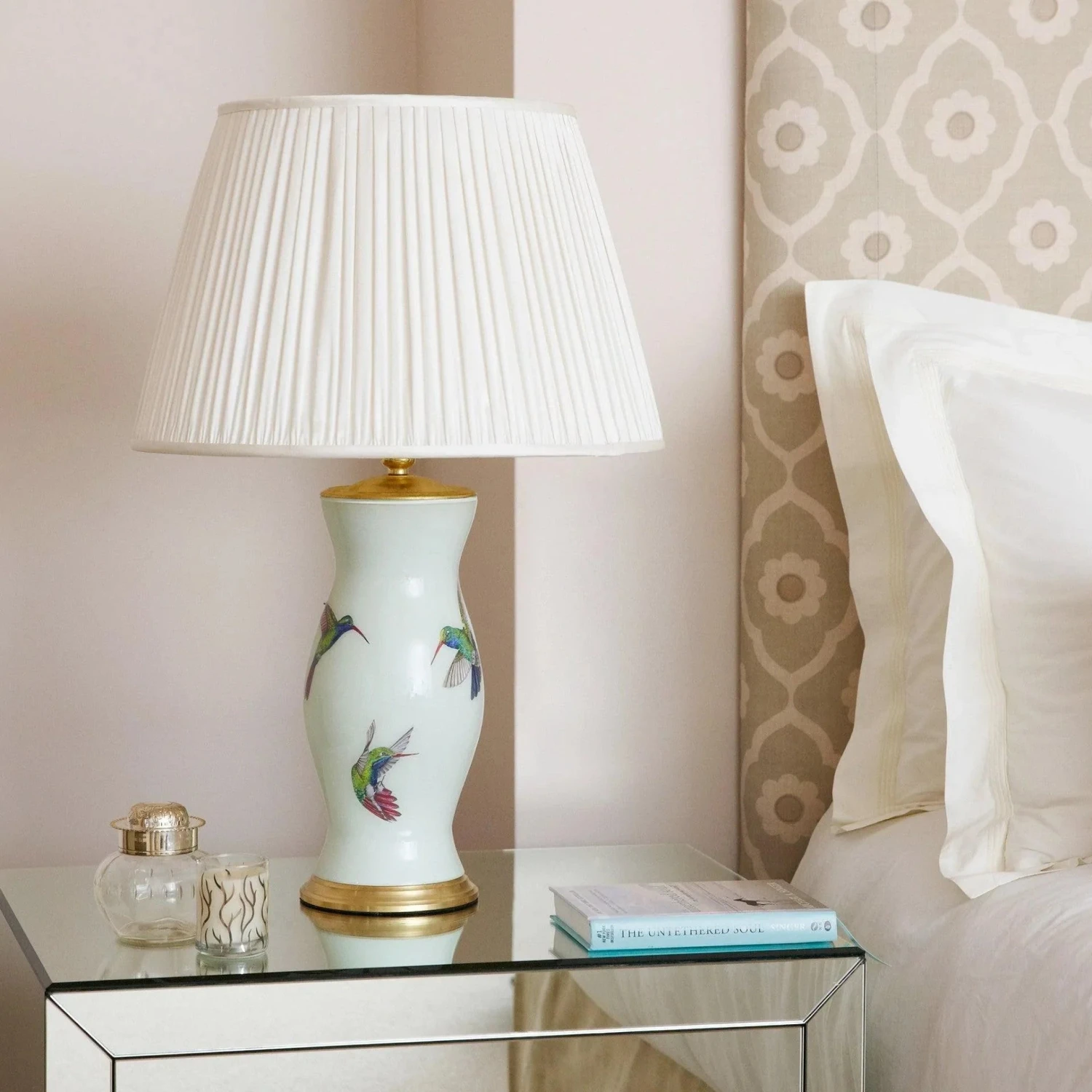 Handmade Glass Hummingbird Design Decoupage Lamp In Green 2 Handmade Glass Hummingbird Design Decoupage Lamp In Green - Image 2