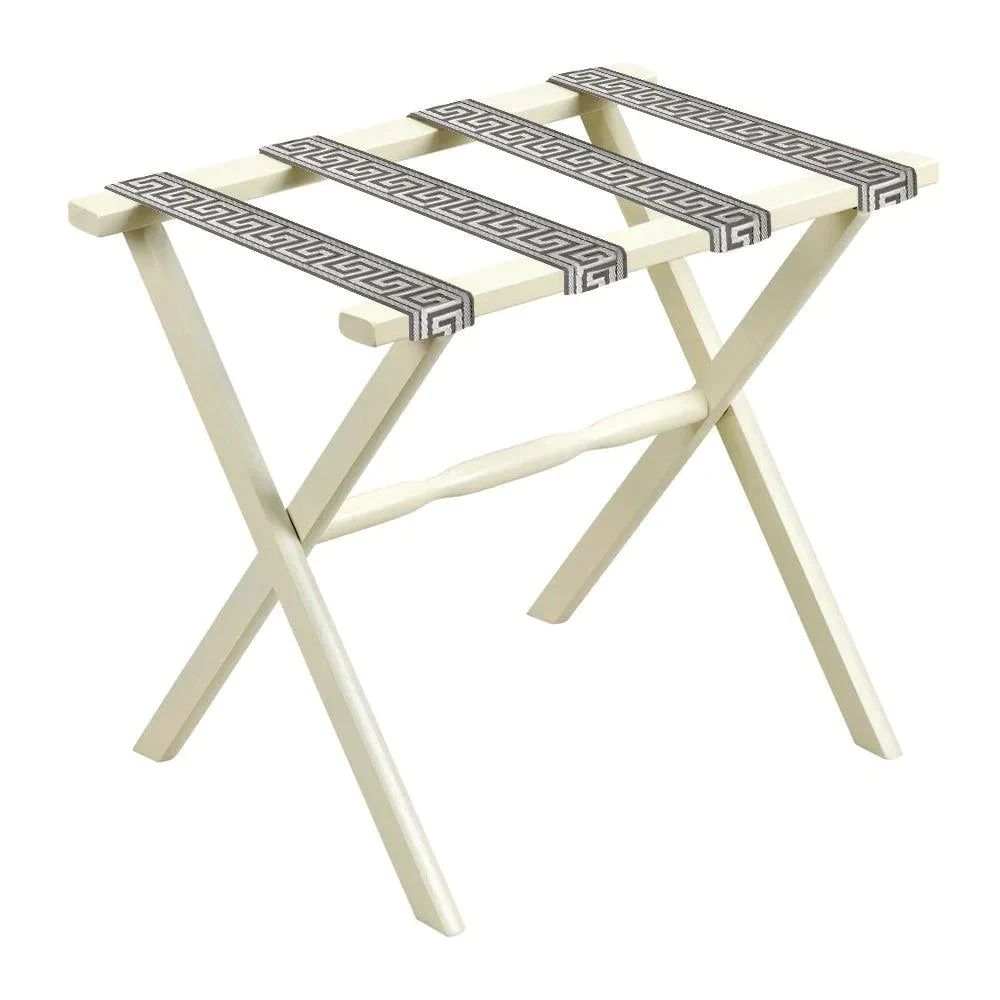 Ivory Straight Leg Wood Luggage Rack Pewter & Taupe Greek Key Straps 1 Ivory Straight Leg Wood Luggage Rack Pewter & Taupe Greek Key Straps