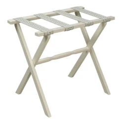 Ivory Straight Leg Wood Luggage Rack With 4 Seafoam & Natural Greek Key Straps