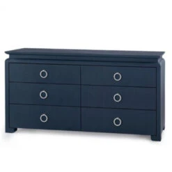 Lacquered Heavy Linen Storm Blue Elina Six Drawer Dresser With Custom Pull Option