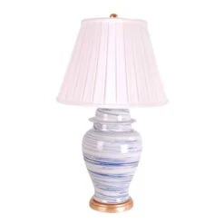 Light Blue & White Porcelain Swirl Jar Table Lamp With Gold Leaf Base