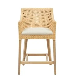 Mahogany Wood And Rattan Counter Chair With Natural Colored Cushion
