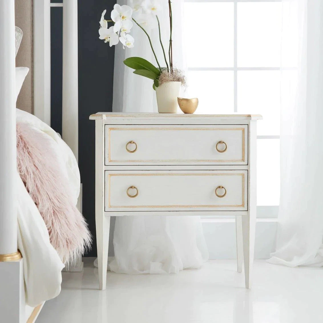 Modern History Covington Two Drawer Bedside Chest In Antique White With Gold Accents 1 Modern History Covington Two Drawer Bedside Chest In Antique White With Gold Accents