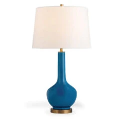 Modern Turquoise Porcelain Table Lamp With Round Base And Brass Accents