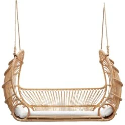 Natural Woven Rattan Hanging Bed With Cream Cushion