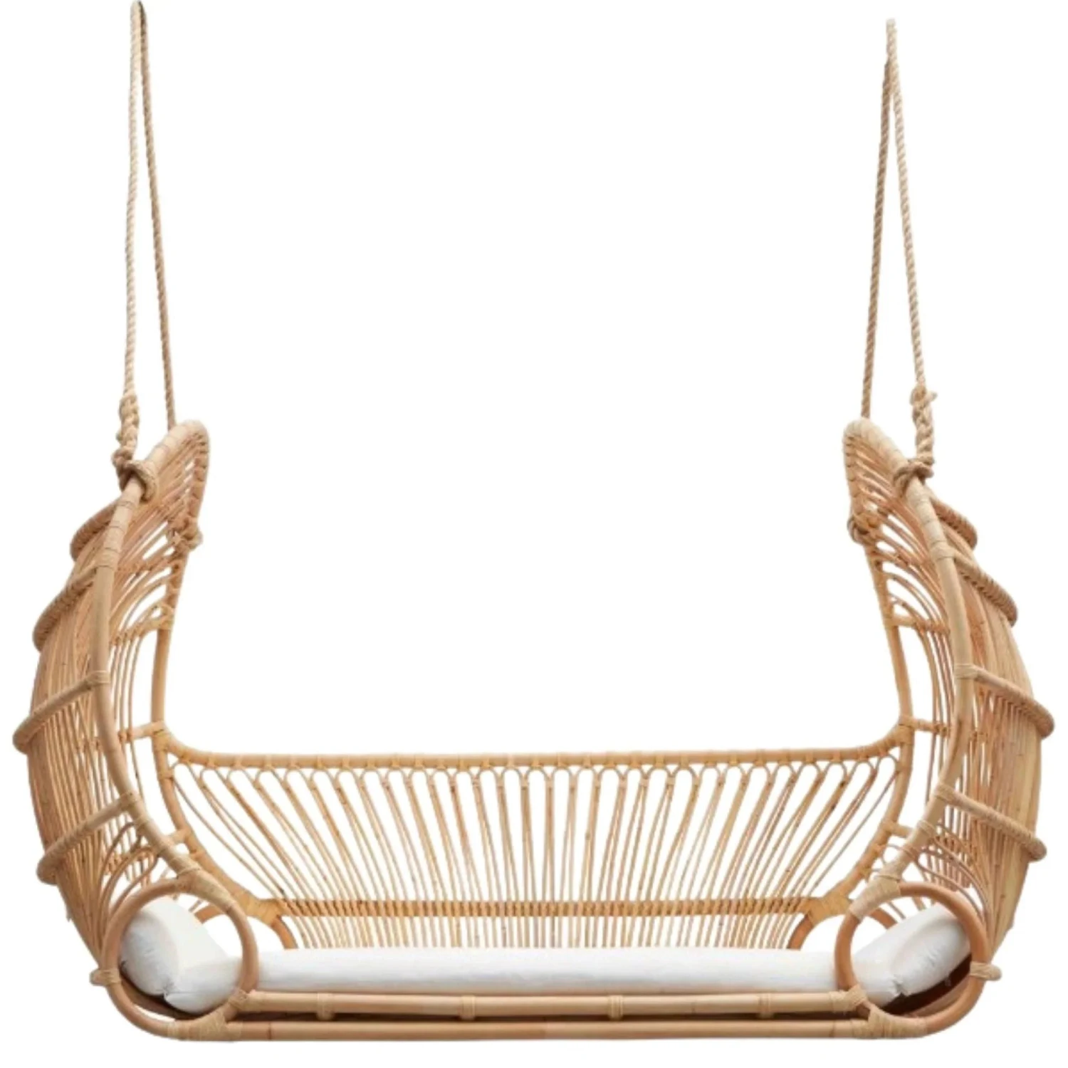 Natural Woven Rattan Hanging Bed With Cream Cushion 1 Natural Woven Rattan Hanging Bed With Cream Cushion