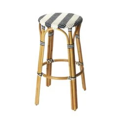 Navy Blue And White Striped Rattan Frame Bar Stool