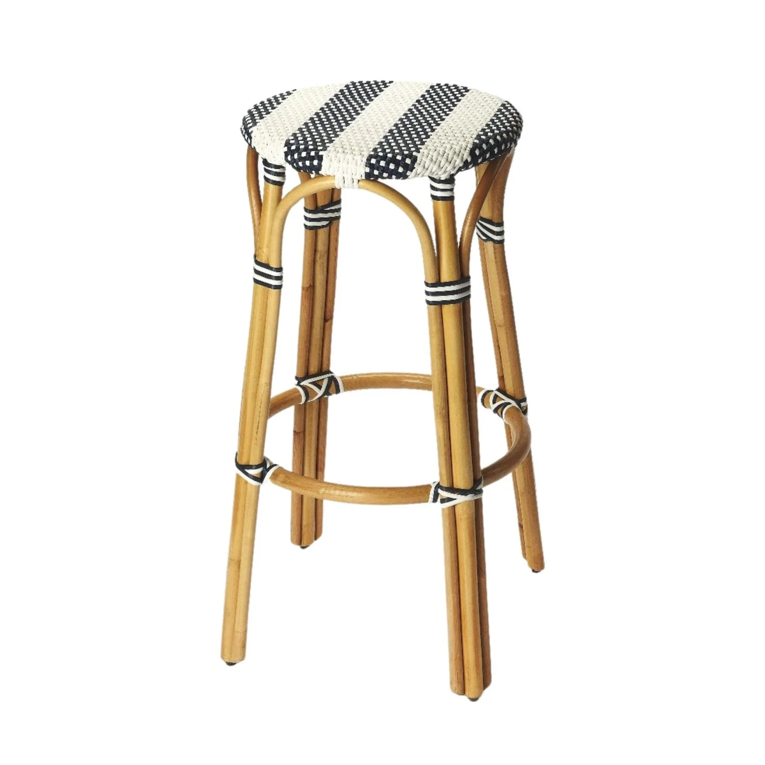 Navy Blue And White Striped Rattan Frame Bar Stool 1 Navy Blue And White Striped Rattan Frame Bar Stool